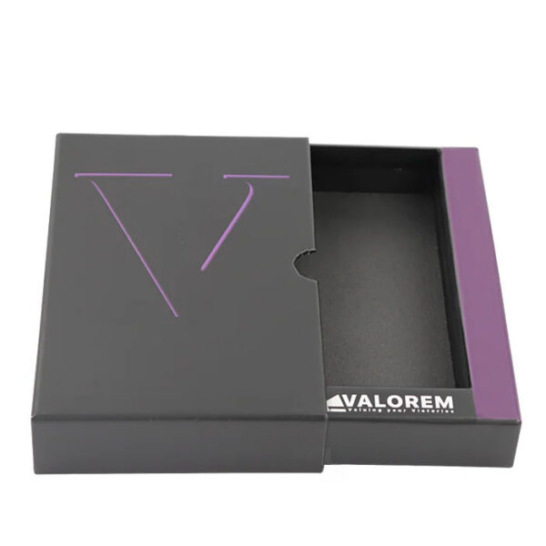 Matte Black Drawer Rigid Box with Purple Logo Thumb Notch Matte Black Drawer Rigid Box with Purple Logo Thumb Notch