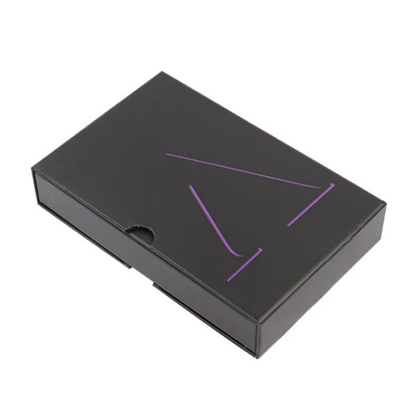 Matte Black Drawer Rigid Box with Purple Logo Thumb Notch Matte Black Drawer Rigid Box with Purple Logo Thumb Notch