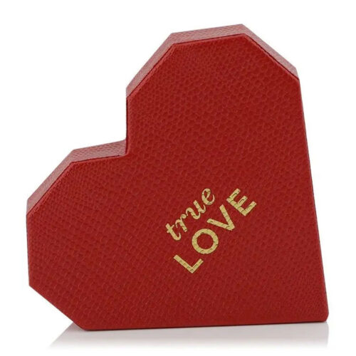 Textured Red Heart-Shaped Rigid Box with Gold Foil Logo Textured Red Heart-Shaped Rigid Box with Gold Foil Logo