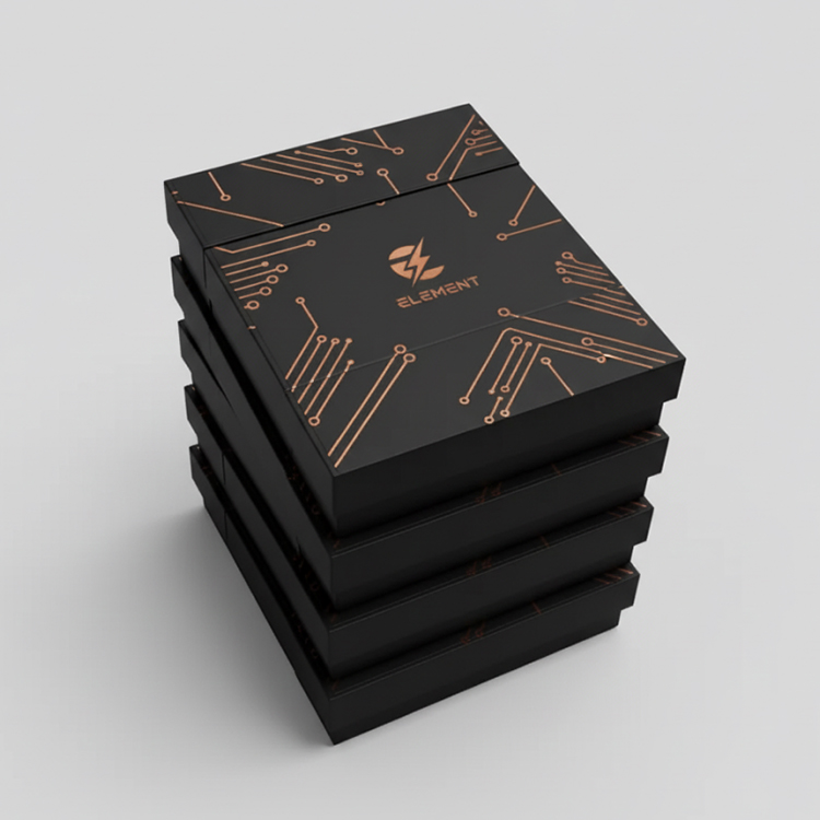Caja rígida para componentes electrónicos – Negra con lámina dorada – Diseño de estilo tecnológico