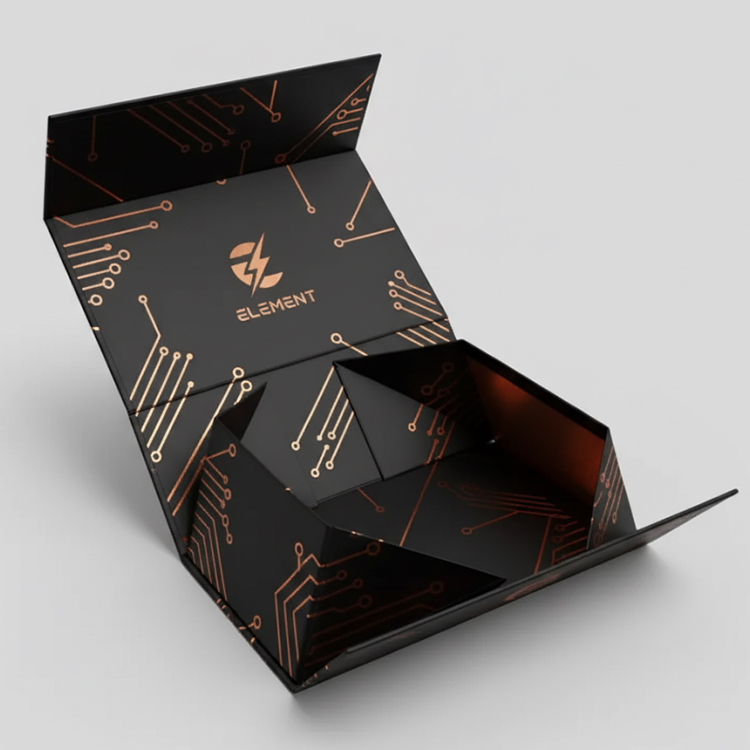 Caja rígida para componentes electrónicos – Negra con lámina dorada – Diseño de estilo tecnológico