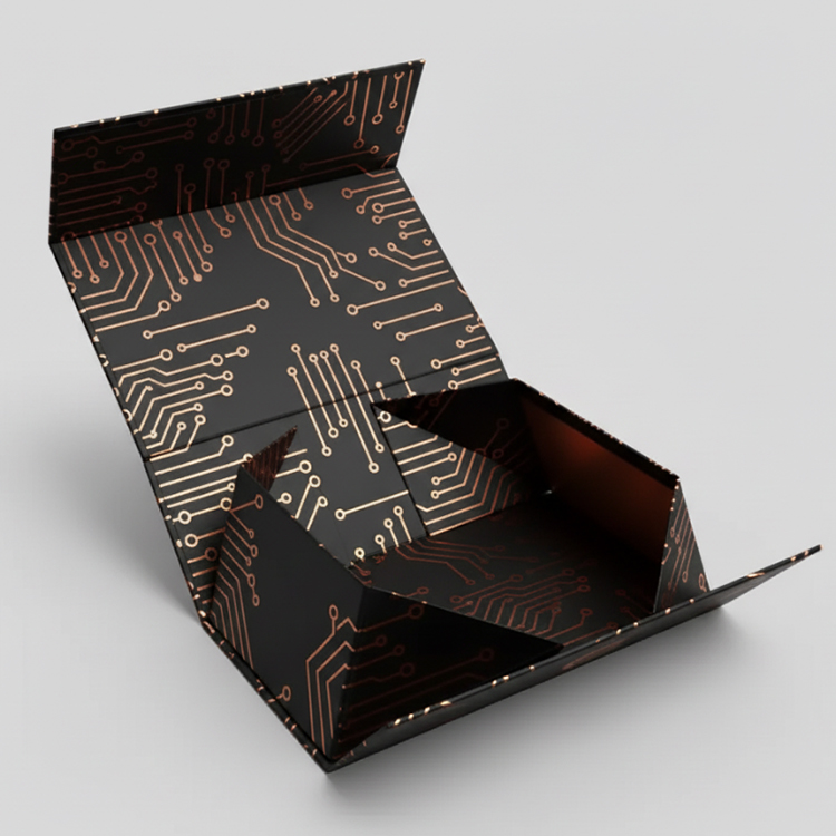 Caja rígida para componentes electrónicos – Negra con lámina dorada – Diseño de estilo tecnológico
