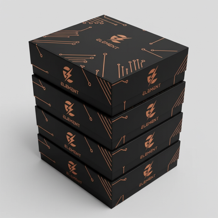 Caja rígida para componentes electrónicos – Negra con lámina dorada – Diseño de estilo tecnológico